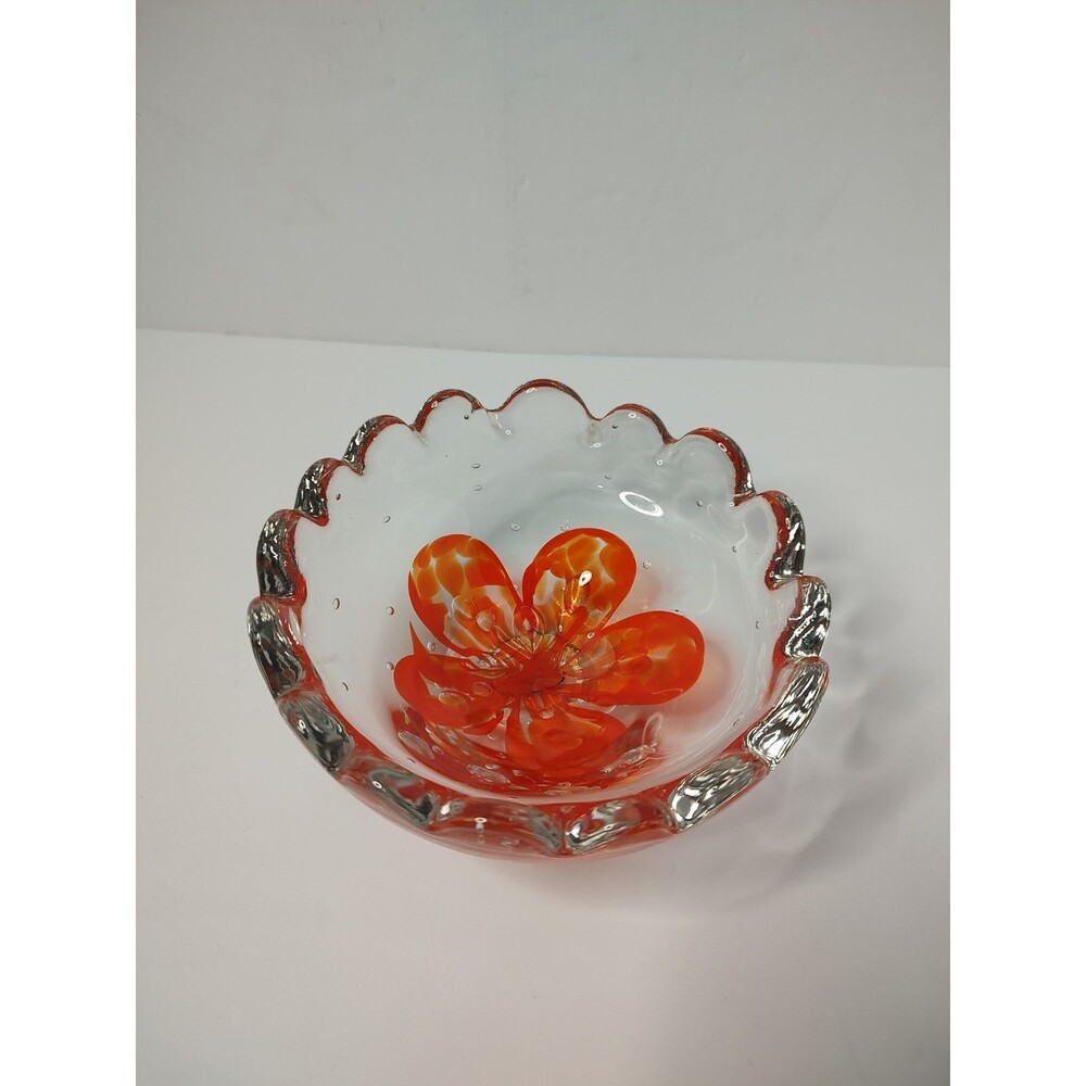 Vintage Joe Zimmerman Art Glass Paperweight Bowl Orange Flower Original Label